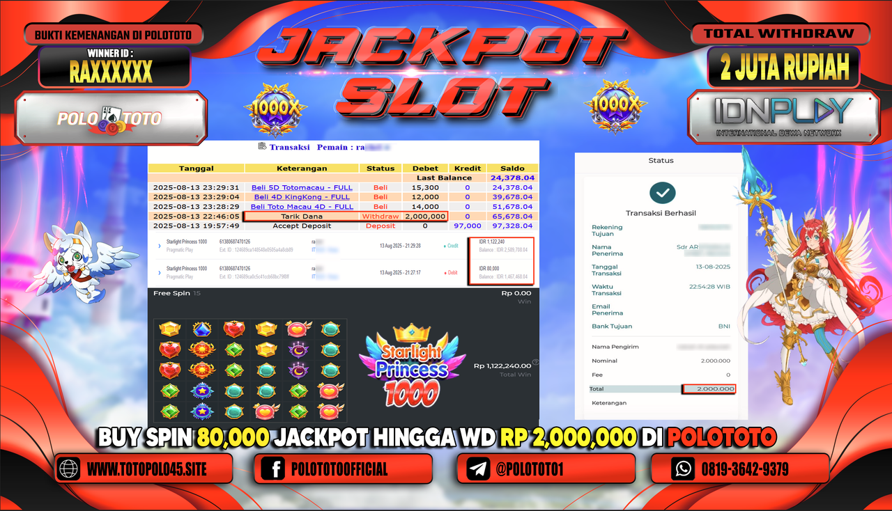 POLOTOTO JACKPOT SLOT STARLIGHT PRINCESS 1000 Rp.2.000.000,-LUNAS