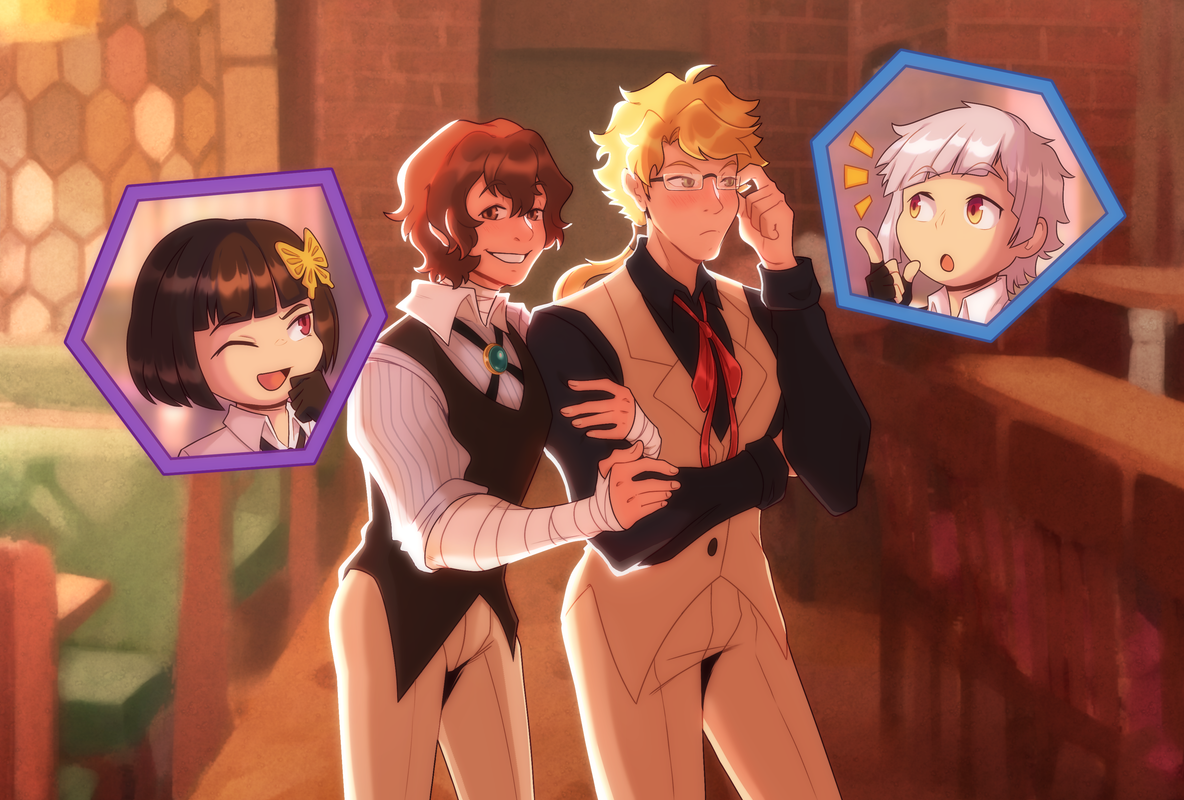 BSD Kunikida e Dazai de braços dados. Eles estão no Café Uzumaki anunciando o "casamento" que está por vir. Chibis do Atsushi e Yosano estão em bolhas nas laterais.