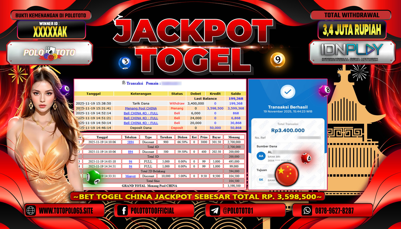 POLOTOTO JACKPOT TOGEL MENANG POOL CHINA Rp.3.400.000,- LUNAS