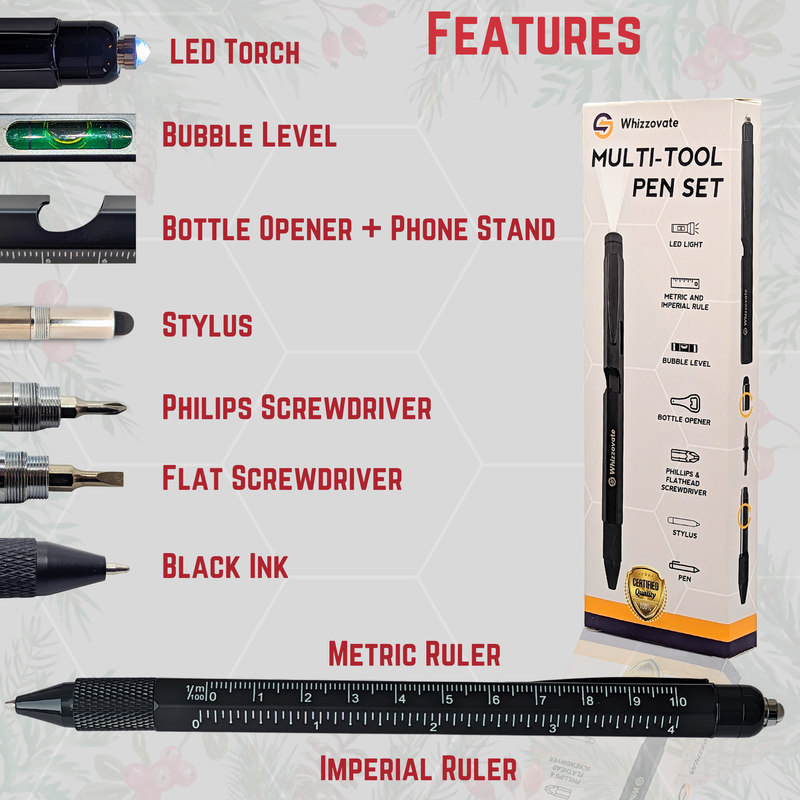 multitool pen, gadget pen, whizzovate black pen, birthday gift, mens present, tactical pen