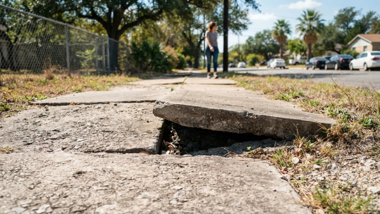 Cracked and uneven sidewalk slab showing trip hazard damage in San Antonio