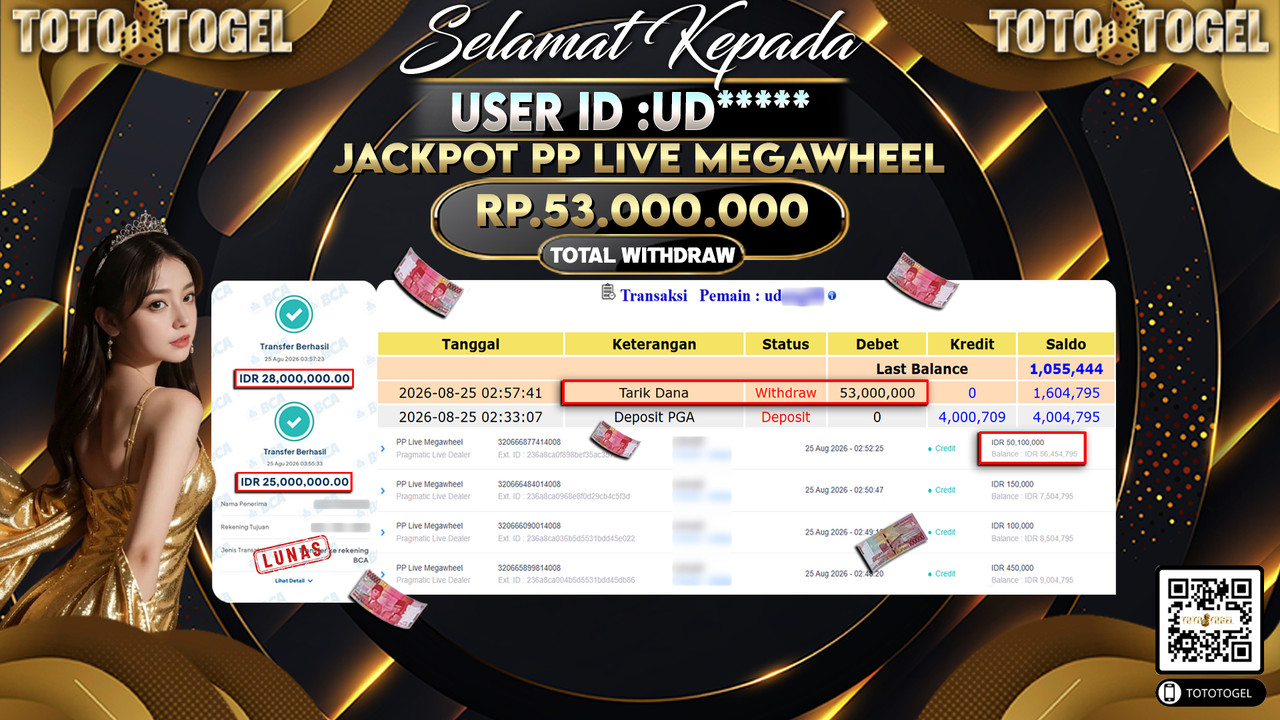 Bukti Pembayaran Jackpot PP Live Megawheel ID:UD*****LUNAS