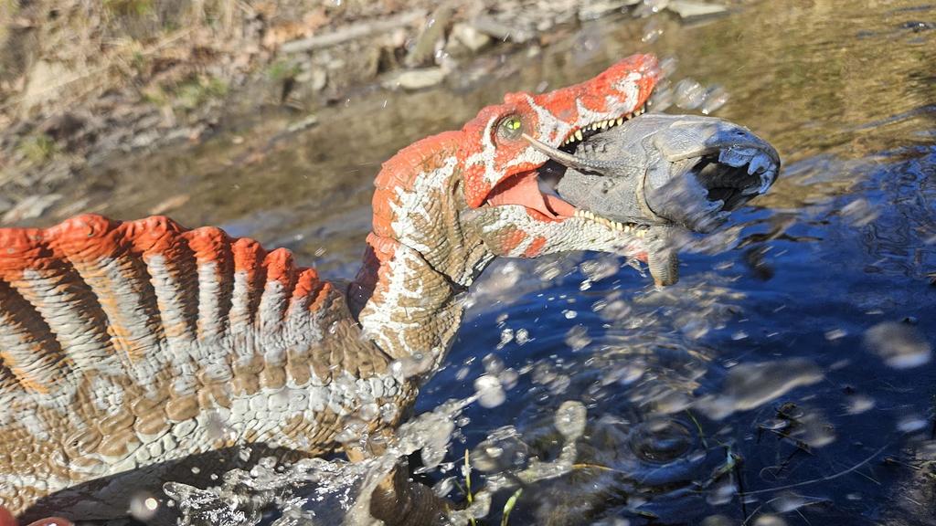 Cool photo I took of my Hammond Collection Spinosaurus figure & Dunkleosteus at the park