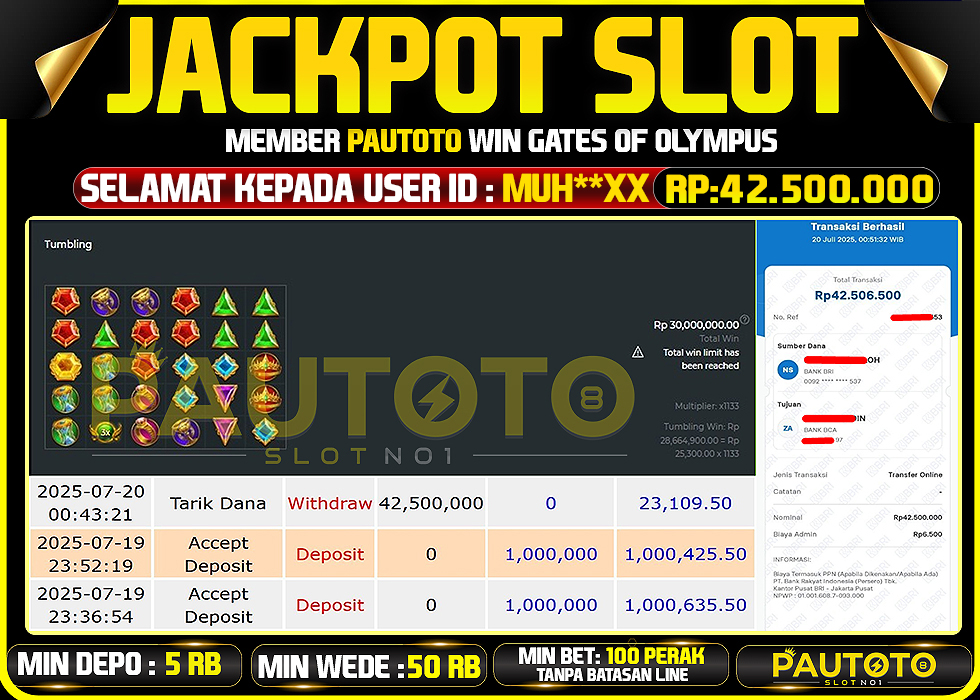 BUKTI PEMBAYARAN TGL 19 JULY 2025 MENANG DI PERMAINAN GATES OF OLYMPUS TOTAL WD 42,5 JUTA
