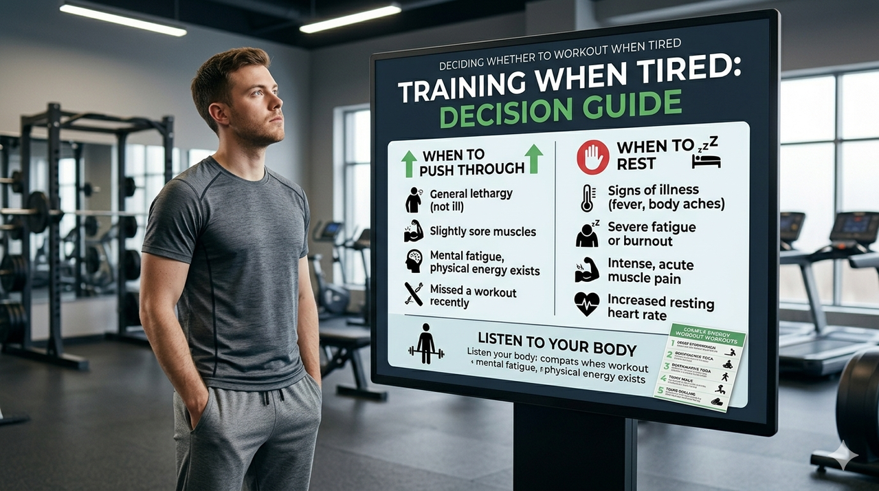 Decision guide for training when tired showing when to push through vs rest for workout fatigue management