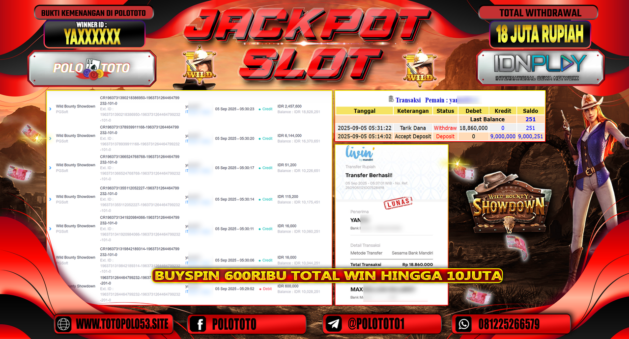 POLOTOTO JACKPOT SLOT WILD BOUNTY SHOWDOWN Rp.18.000.000,-