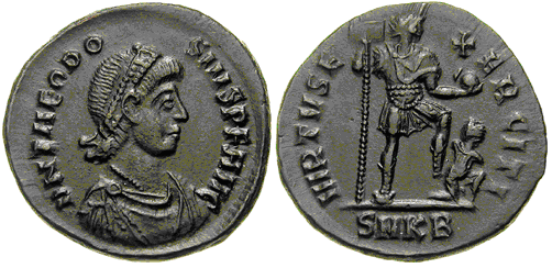 AE2 de Teodosio I. VIRTVS E-XERCITI. Emperador estante a dcha. Nicomedia. 1