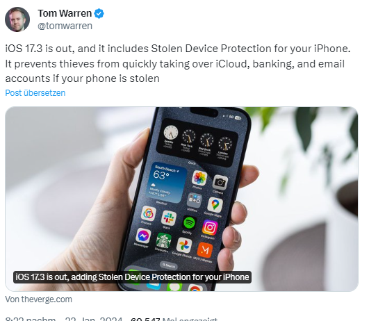 iOS 17.3 is out, adding Stolen Device Protection for your iPhone - The Verge