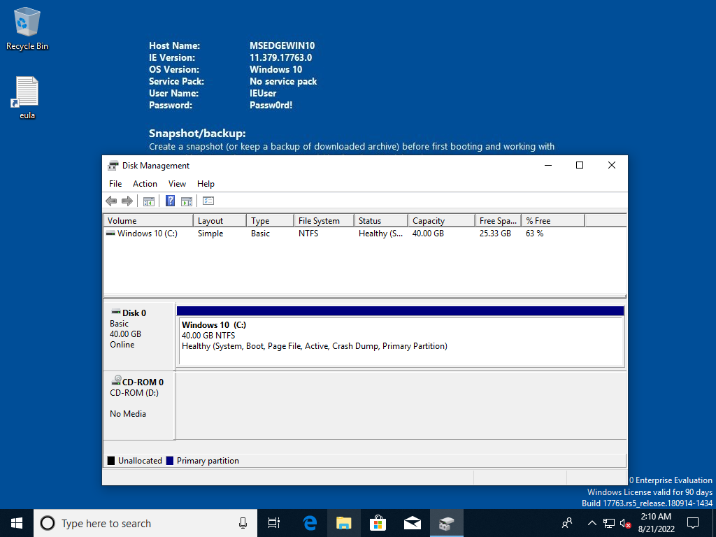 Windows 10 Disk Management before