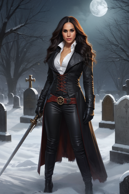 524186190 meghan markle steampunk vampire hunter in a graveyard at night 0009