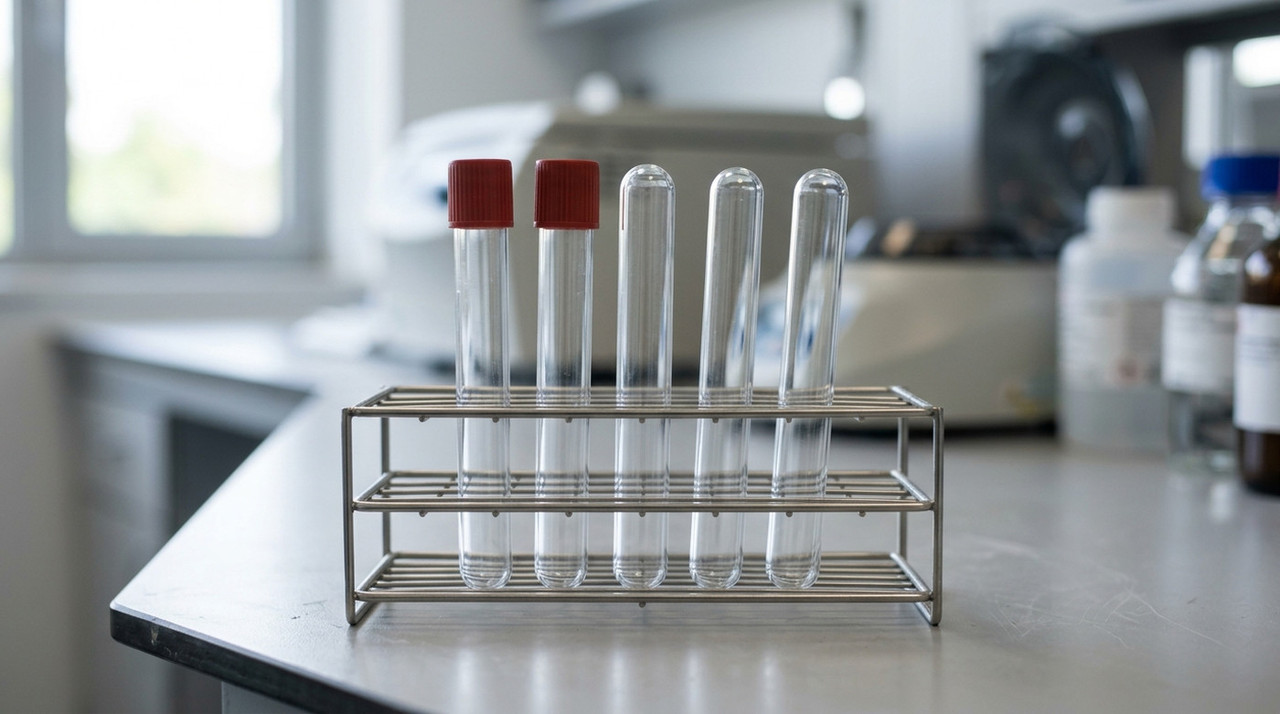 Стеклянные пробирки в металлической подставке на столе в лаборатории