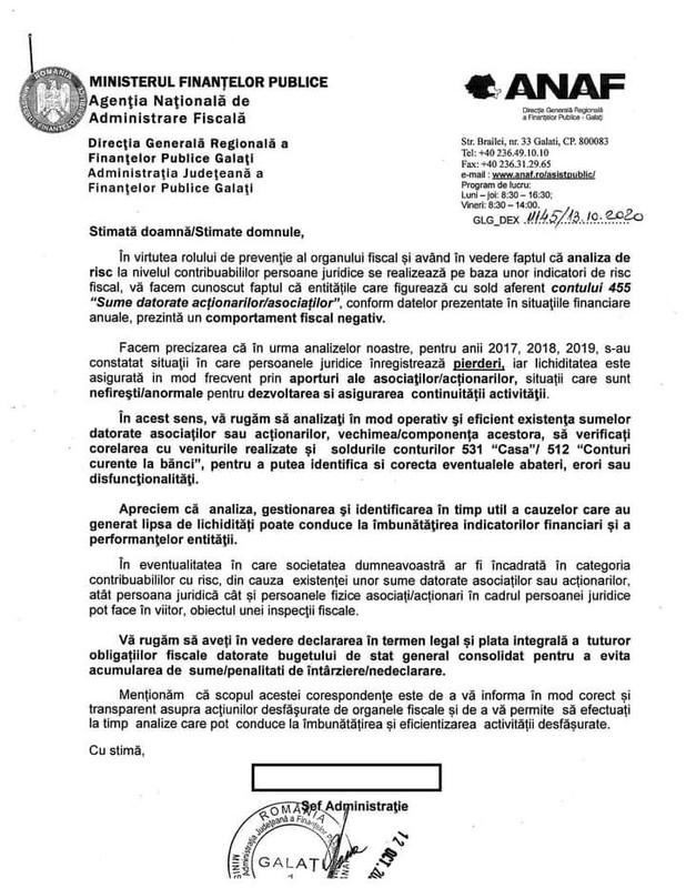 Adresa ANAF (Atentionare 4551)