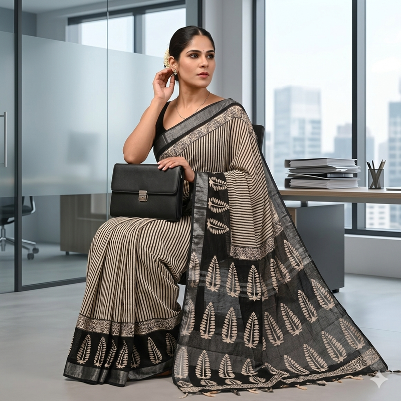 Qyaari Linen Ethnic Saree for Women | Hand Block Printed | Soft & Lightweight Fabric | With Blouse