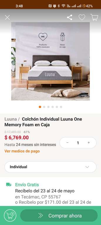 Linio: Colchón Individual Luuna One Memory Foam en Caja | Pagando con PayPal 
