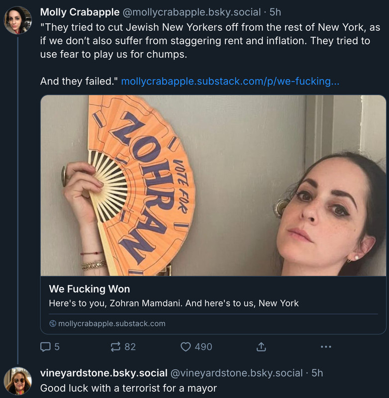 user vinyardstone calling Zohran Mamdani a terrorist because he practices Islam and happens to be brown.