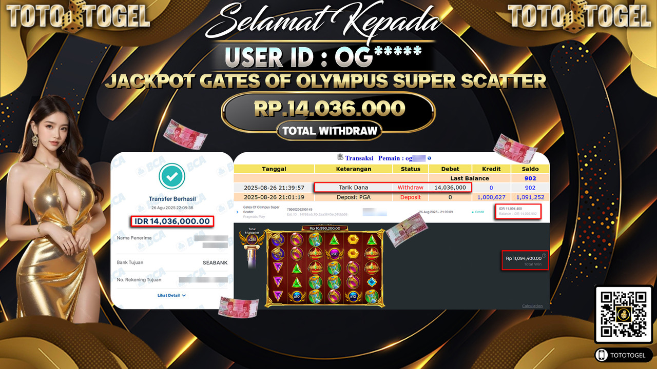 Bukti Pembayaran Jackpot Permainan Slot Gates Of Olympus Super Scatter ID:OG***** LUNAS