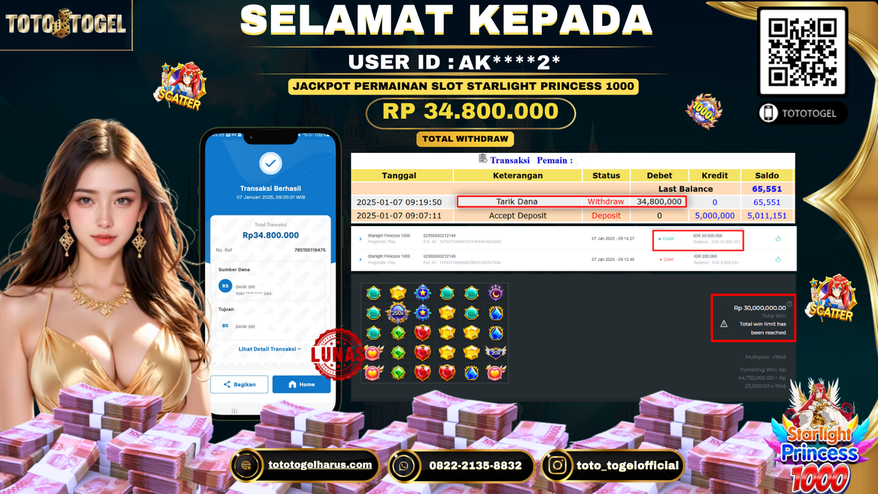Bukti Pembayaran Jackpot  Permainan Slot Starlight Princess 1000 : AK****2* LUNAS