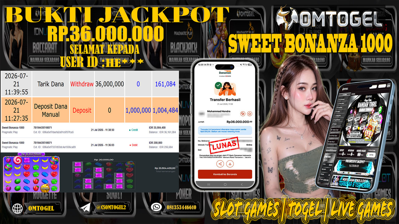 OMTOGEL JACKPOT PRAGMATICPLAY SWEET BONANZA 1000 Rp,36,000,000,- DIBAYAR LUNAS
