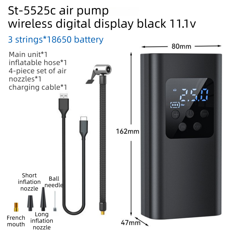 Wireless Rechargeable Tire Inflator with 4 Inflation Modes & 5 Inflatable Parts - Real-Time LCD Precision Gauge, Auto-Stop & Emergency LED Light(3-Cell)