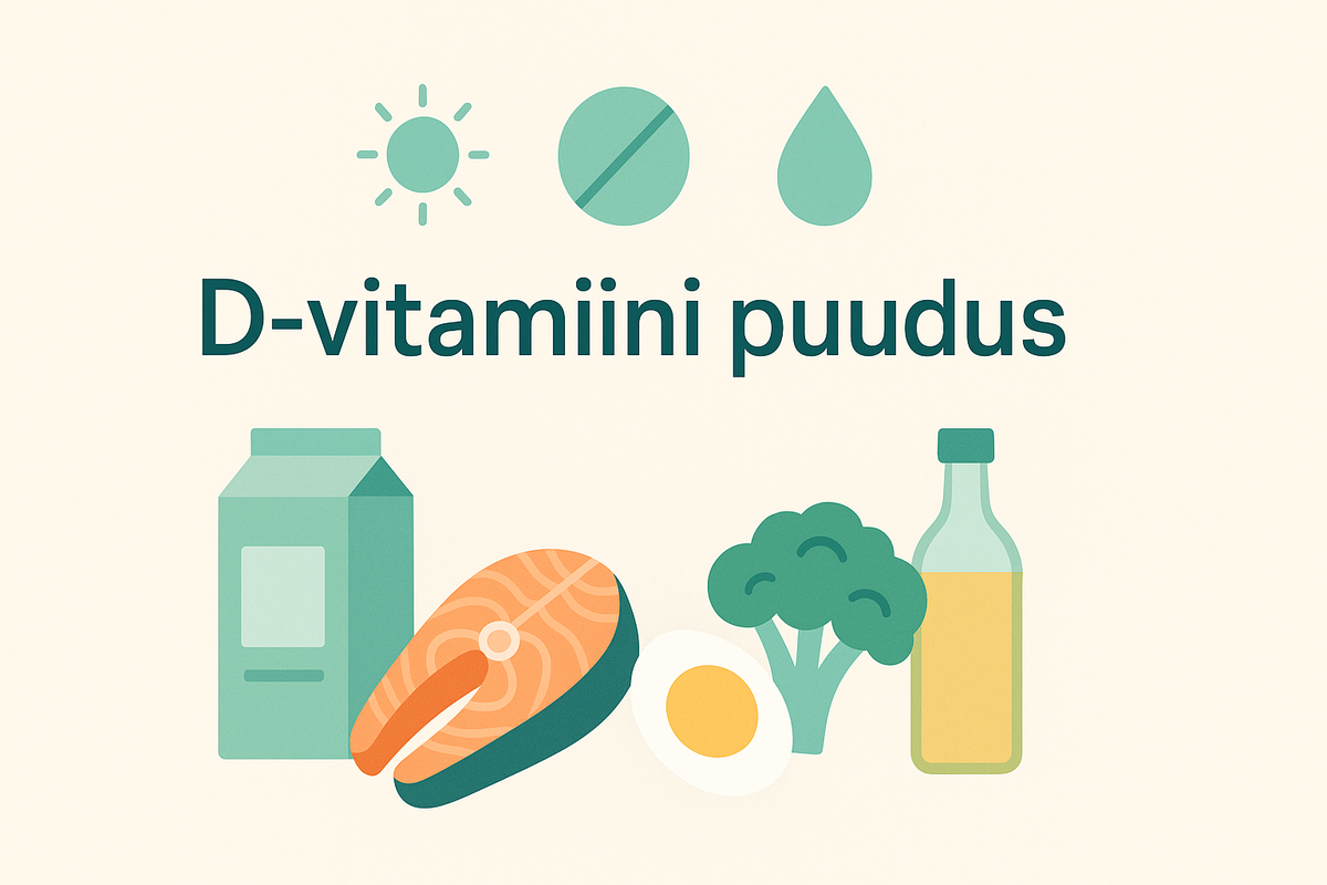 Vintage-stiilis Eesti terviseplakat, mis kujutab D-vitamiini allikaid: päike, kala, muna, piim ja toidulisandi pudel, kõrvuti informatiivse tekstiga D-vitamiini tähtsuse kohta luude ja üldise tervise seisukohast.