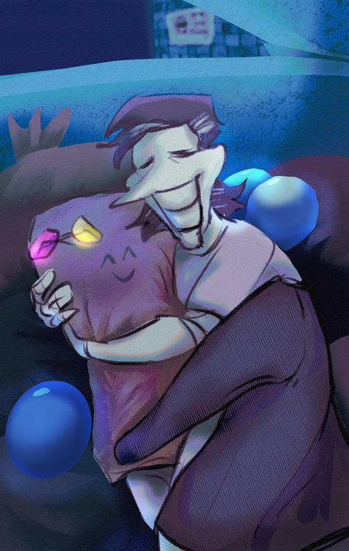 Spamton sleeps in a green dumpster, surrounded by Pipis and garbage bags. He is covered by his jacket and is still wearing a white shirt and pants.