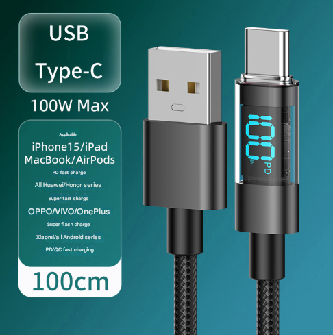 1m USB To Type-C 4-Pack 100W Fast Charging Data Cable with Digital Display