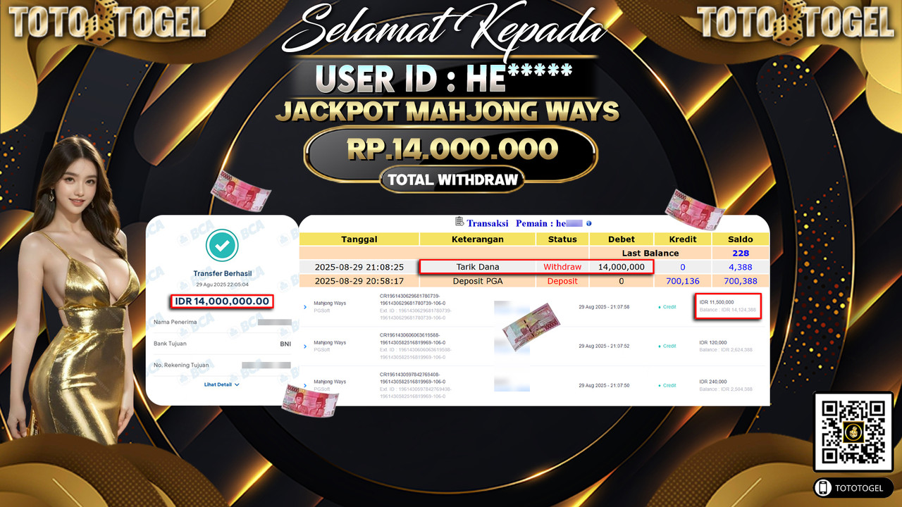 Bukti Pembayaran Jackpot Permainan Slot Mahjong Ways ID:HE***** LUNAS