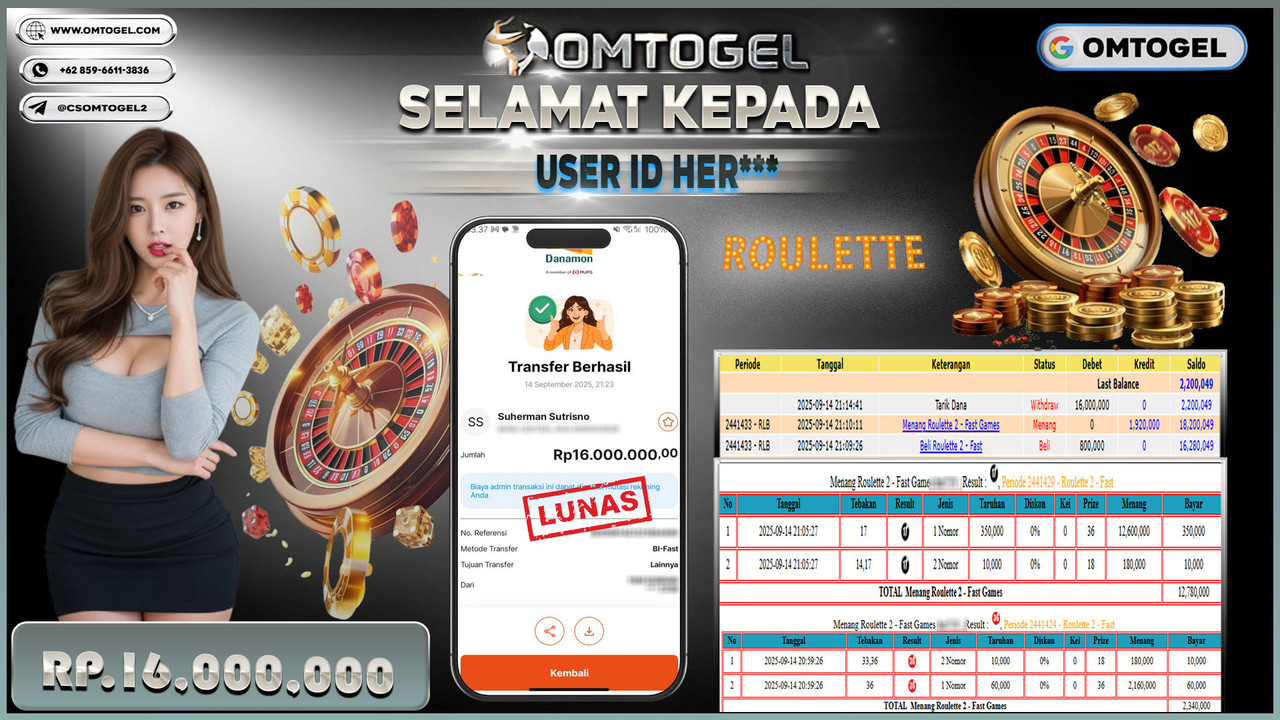 OMTOGEL JACKPOT LIVE GAMES ROULETTE 2 - FAST 16 JUTA DI BAYAR LUNAS ,-