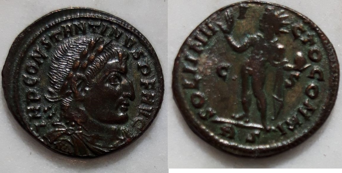 Nummus de Constantino I. SOLI INVICTO COMITI. Sol a izq. Roma C331