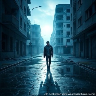 Man walking with head down through a barren landscape, symbolizing loss, reflection, or internal struggle.