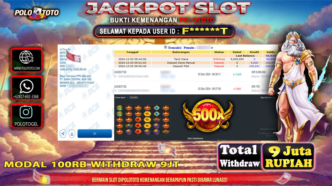 POLOTOTO JACKPOT SLOT GATES OF OLYMPUS 1000 Rp.9,000.000,-
