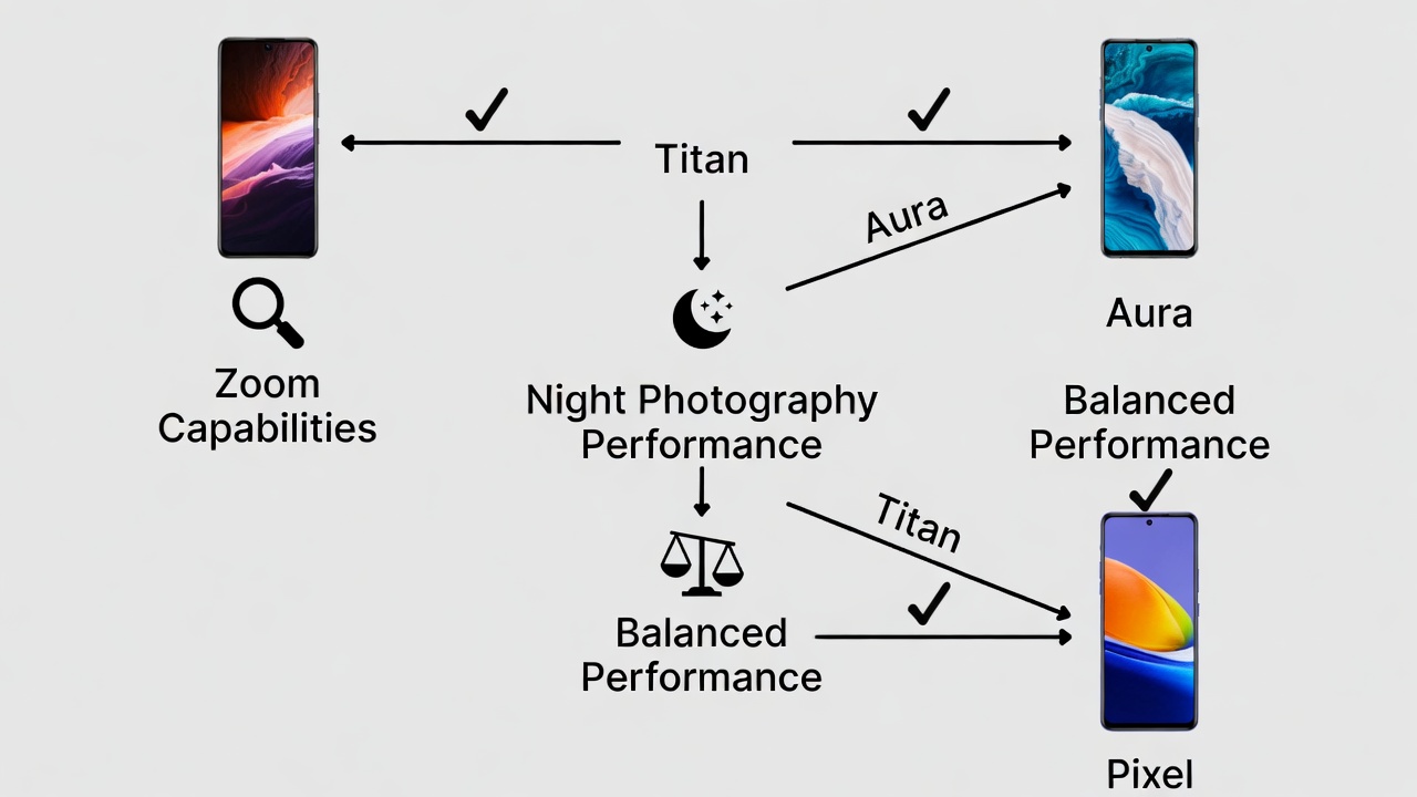 Decision flowchart showing three paths leading to Titan, Aura, or Pixel smartphones based on user priorities like zoom, night photography, or balance.