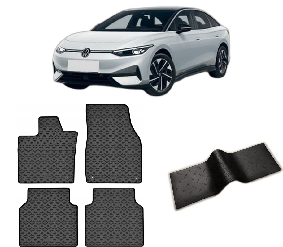 Set covorase auto VOLKSWAGEN ID.7 din 08.2023-PREZENT, cu covoras tunel median, CAROSERIE HATCHBACK, Presuri cauciuc 100%, compatibil cu autoturismul VOLKSWAGEN ID.7, Rigum
