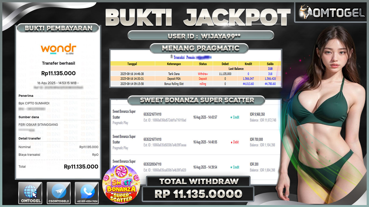 OMTOGEL JACKPOT PRAGMATIC PLAY SWEET BONANZA SUPER SCATTER 11 JUTA DI BAYAR LUNAS ,-