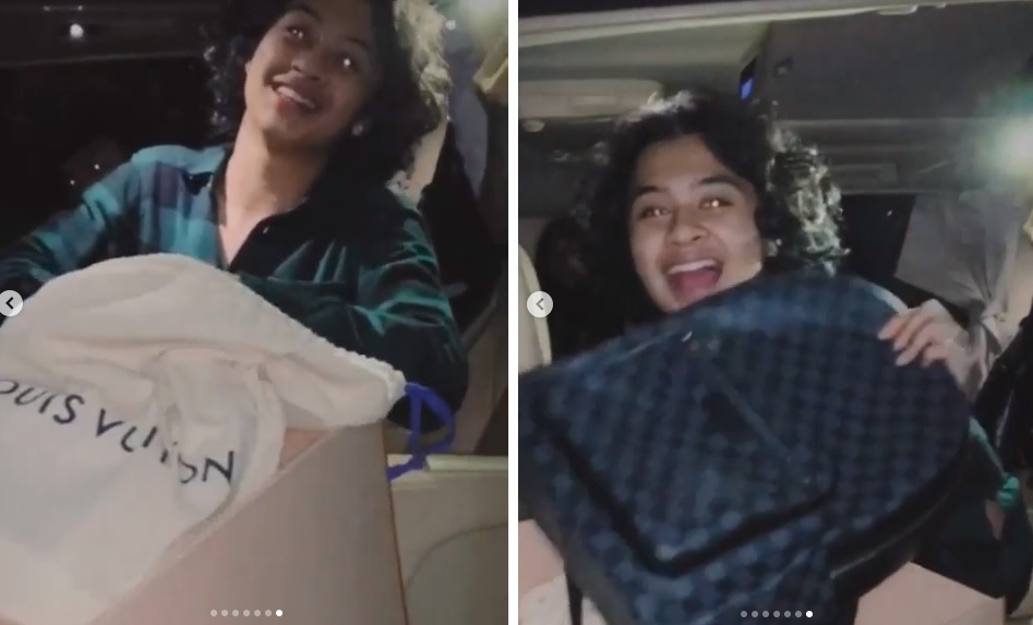 Bastian Steel membuka kado dari Shafa Harris