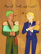 Image 3: A green-haired man (Zoro) holds two babies with green hair (Sorrel and Laurel) as a blond man (Sanji) holds a blonde baby (Marisol) and angrily declares their names