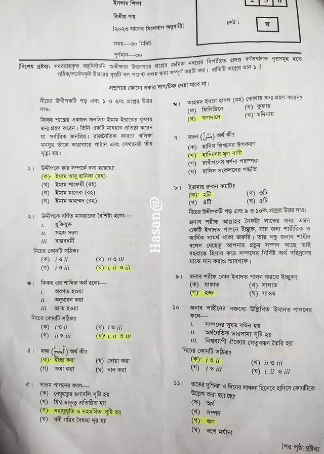 এইচএসসি ইসলাম শিক্ষা ২য় পত্র MCQ প্রশ্ন সমাধান ২০২৩