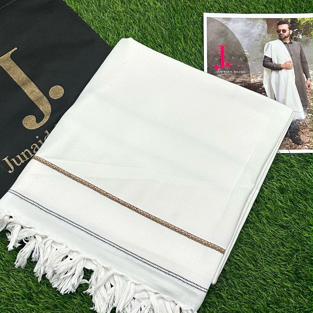 Premium Warm Wool Shawl with Contrast Textured Border Trim - Ivory White