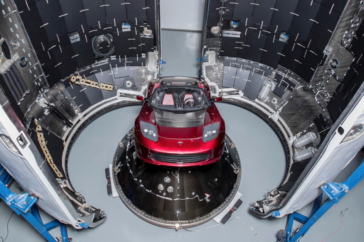 Tesla roadster in a space shuttle by SpaceX
