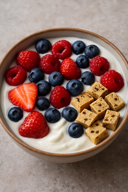 Joghurt-Bowl mit Früchten und Riegelstücken