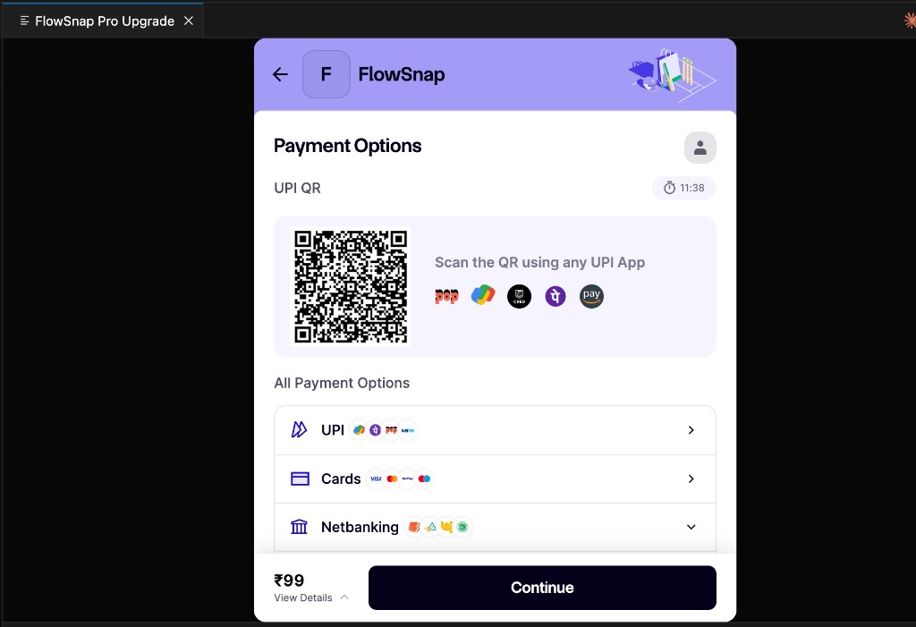 FlowSnap Pro Upgrade: Razorpay checkout in VS Code