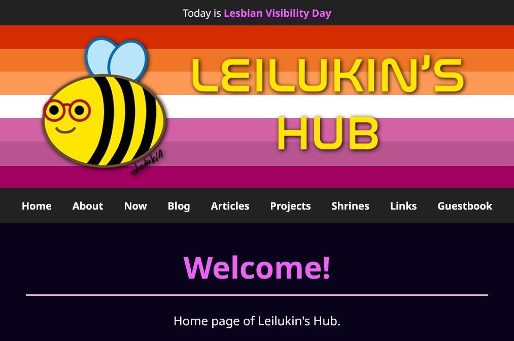 Leilukin's Hub header displaying lesbian pride flag and a top blurb about Lesbian Visibility Day