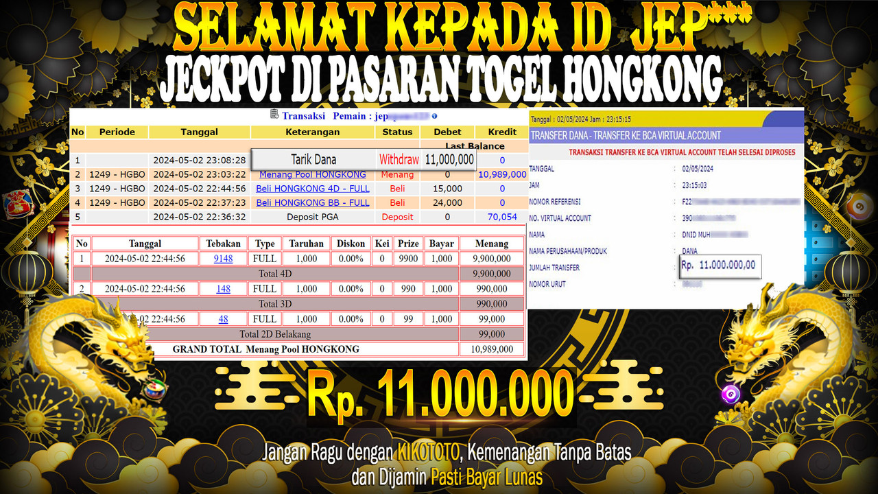 JECKPOT !! MODAL PULUHAN RIBU DAPAT MENANG BESAR DI PASARAN TOGEL HONGKONG SEBESAR Rp 11,00,000 LANGSUNG DAN TANPA BASA BASI DI BAYAR KIKOTOTO !!!