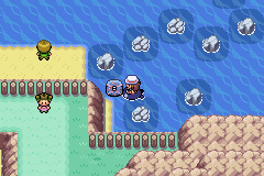 the player is surfing. a kyogre-like round shape is facing them.