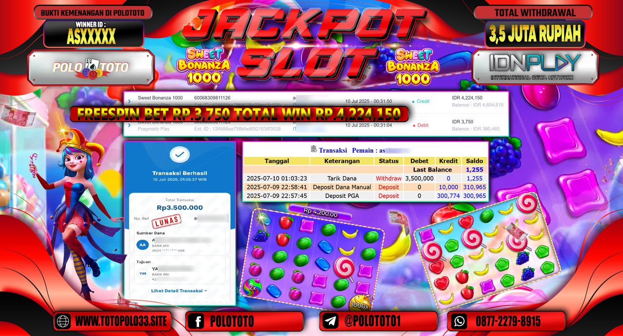 POLOTOTO JACKPOT SLOT SWEET BONANZA 1000 Rp.3.500.000,-