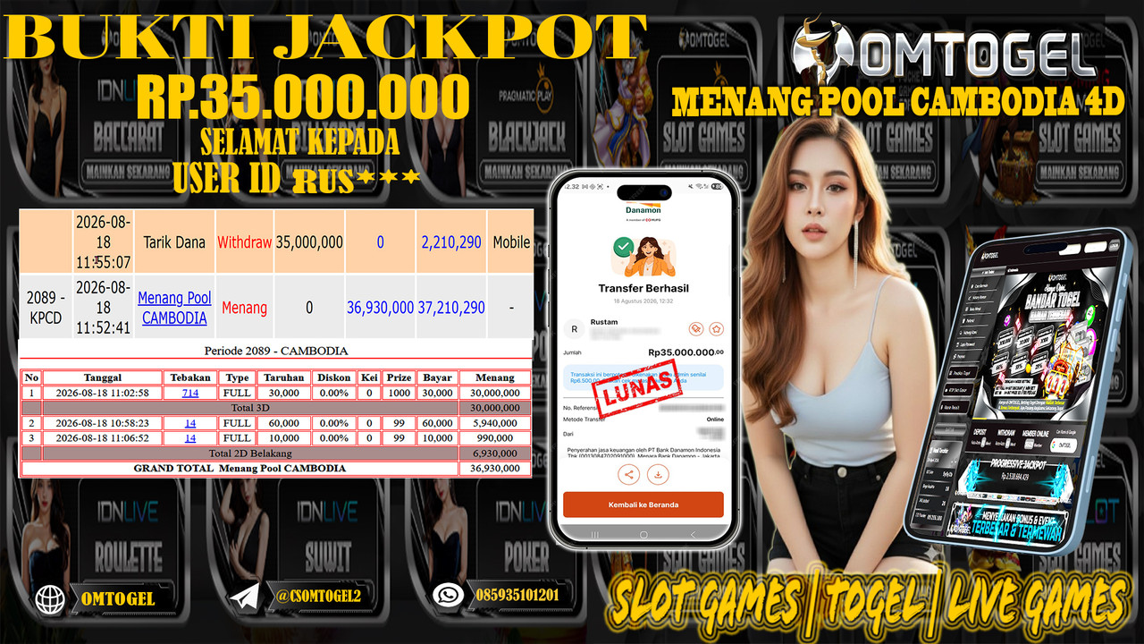 OMTOGEL JACKPOT MENANG POOL CAMBODIA 4D Rp,35,000,000,- DIBAYAR LUNAS