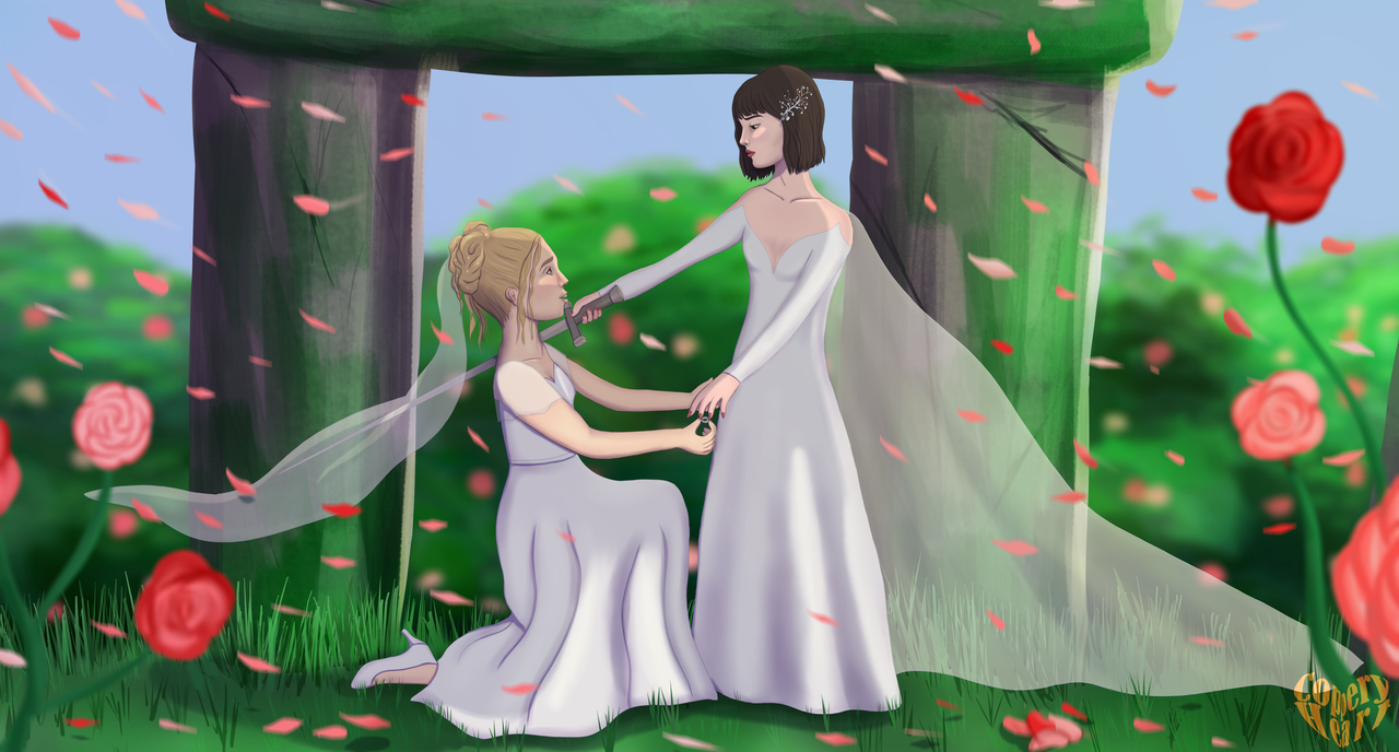Digital art of Pansy and Hannah in wedding dresses. Hannah kneels ready to put a ring on Pansy's finger and Pansy looks down at her with a slight smile, a sword on Hannah's shoulder as if to knight her. They are in front of an old stone structure and surrounded by green rose bushes. Rose petals are falling down on the scene.