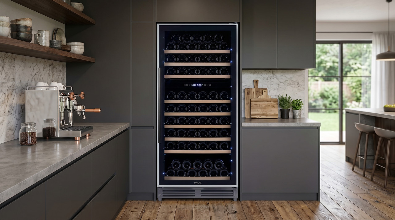 Vinera empotrable Drija Dolce 110 en acero inoxidable negro con iluminación LED y estantes de madera