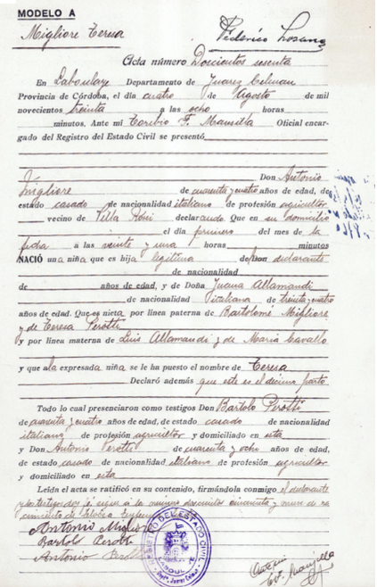 Acta de Nacimiento Migliore Teresa