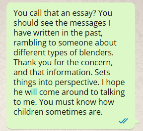 Image of a text message bubble, with the following text: You call that an essay? You should see the messages I have written in the past, rambling to someone about different types of blenders.  Thank you for the concern, and that information. Sets things into perspective. I hope he will come around to talking to me. You must know how children sometimes are. 